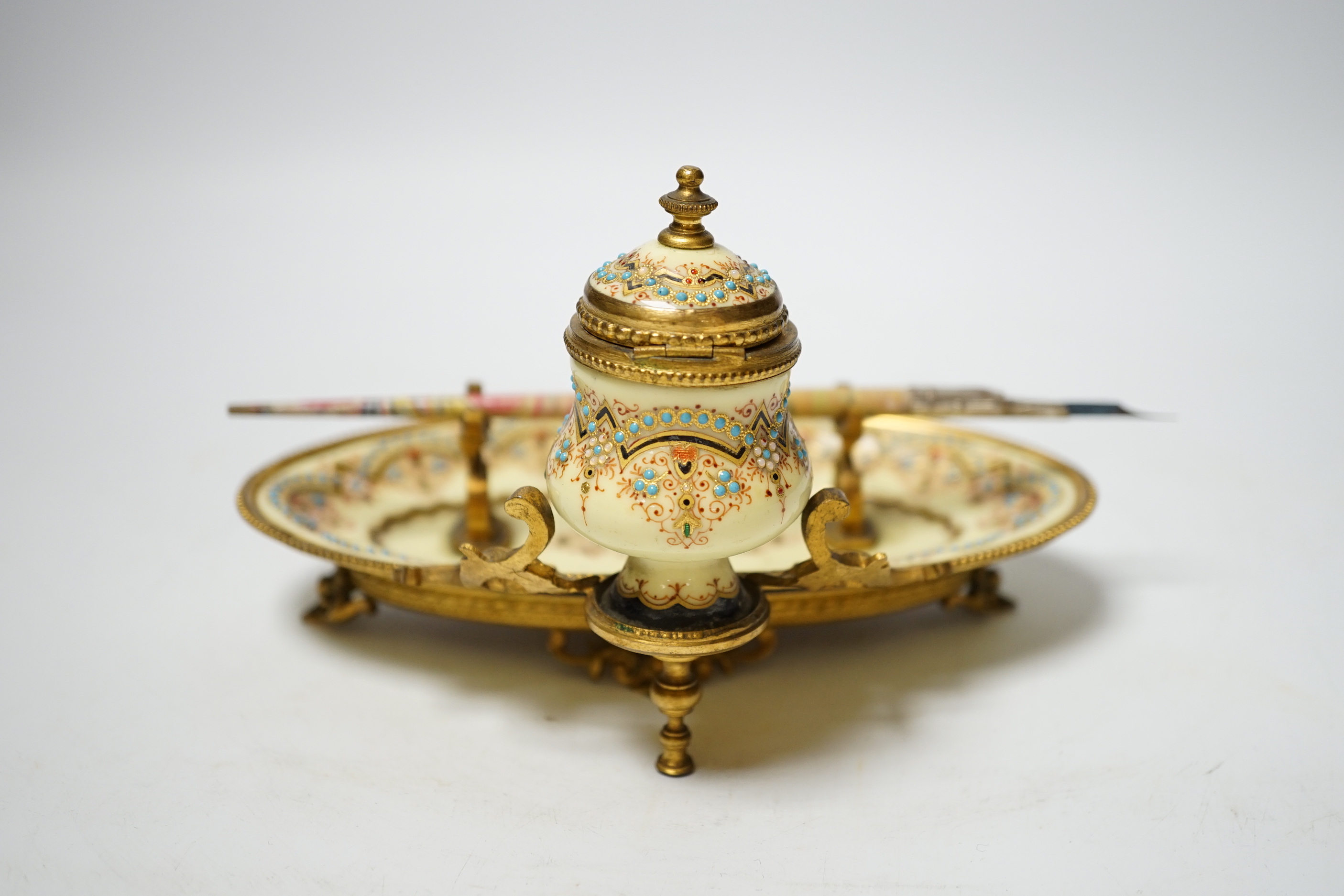 A 19th century French jewelled enamel and ormolu ink stand, 18cm wide